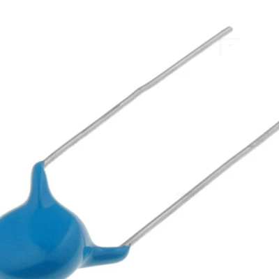 Componente eletrónico azul com dois terminais metálicos