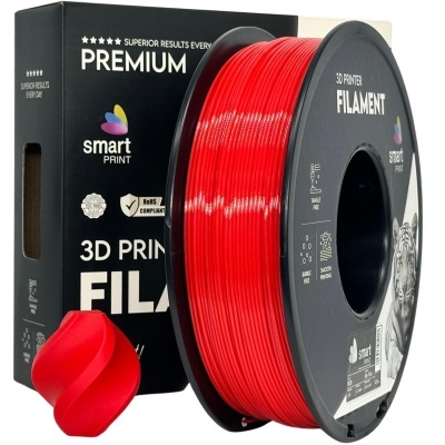 Rolo vermelho de filamento para impressora 3D com embalagem preta da marca Smart Print