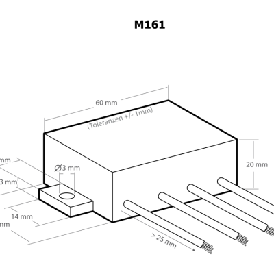 Componente eletrónico prismático branco com três fios e terminal de chapa.