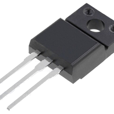 Componente eletrônico preto com três pinos metálicos e orifício de montagem