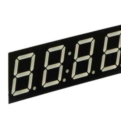 Relógio digital LED com quatro dígitos em branco sobre fundo preto mostrando 8:8:8:8