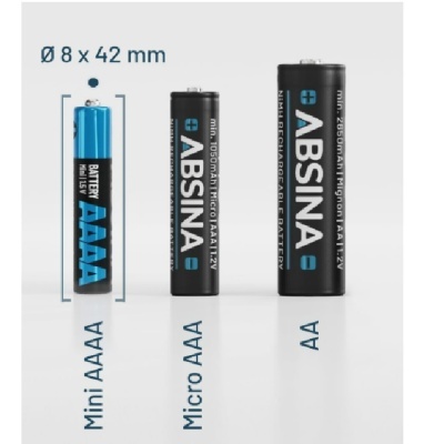 Três pilhas de tamanhos diferentes Mini AAAA, Micro AAA e AA com texto e dimensões visíveis.