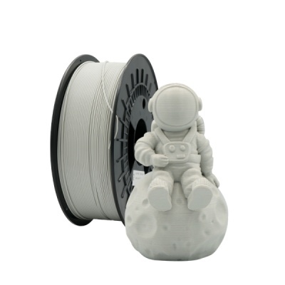 Bobina de filamento 3D preto com figura de astronauta branco sentado numa lua.