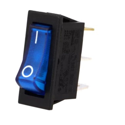 Interruptor basculante azul e preto com terminais metálicos