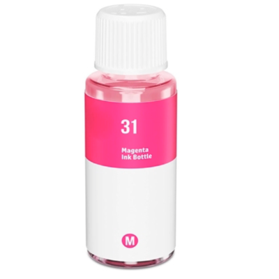 Frasco de tinta magenta com tampa branca e rótulo rosa e branco