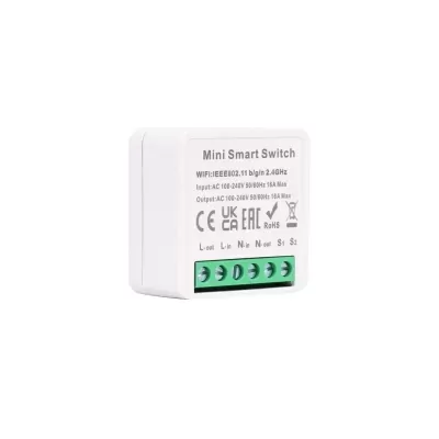 Mini Smart Switch branco com entradas elétricas e texto técnico impresso