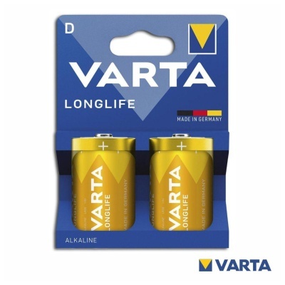 Pilhas alcalinas VARTA D Longlife em embalagem azul com duas unidades amarelas
