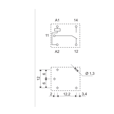 Desenho técnico de componente elétrico com dimensões e esquema de ligação