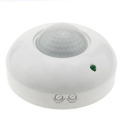 Sensor de movimento branco circular com botões TIME e LUX e indicador verde