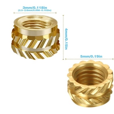 Insertos roscados dourados com medidas em fundo branco