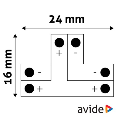 Desenho técnico de conector em forma de L com polaridade e dimensões