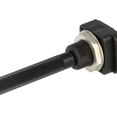 Potenciómetro preto com eixo longo e três terminais