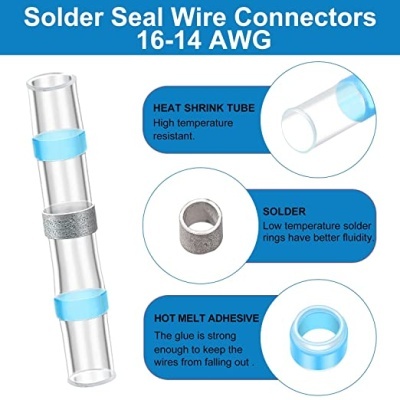 Conector de fios com selo de solda 16-14 AWG com tubo termorretrátil azul e anel de solda cinzento