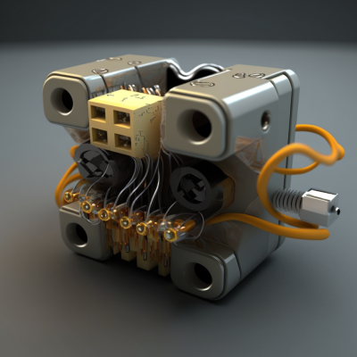 Estrutura metálica com conector amarelo e fios pretos e laranja ligados
