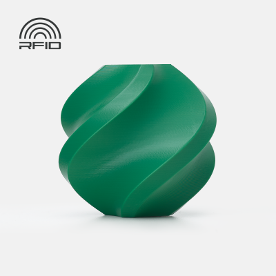 Objeto verde com padrão espiral e texto RFID no fundo branco