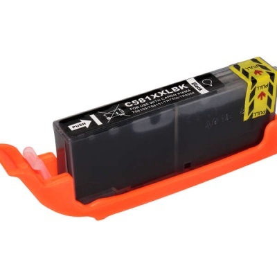 Cartucho de tinta preto com suporte laranja e etiqueta com texto