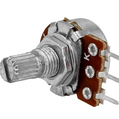 Potenciômetro rotativo metálico com corpo de circuito e terminais, fundo branco