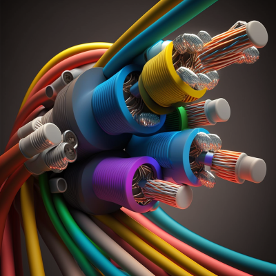 Cabos elétricos coloridos com isolamento plástico e condutores de cobre expostos.