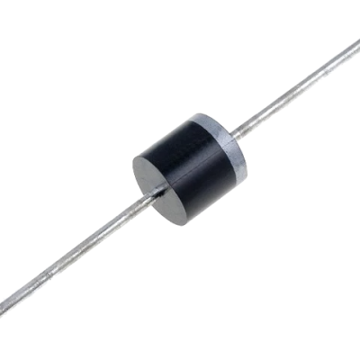 Díodo retificador cilíndrico preto com terminais metálicos