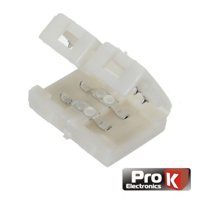 Conector branco para fita LED com contactos metálicos e logótipo Pro K Electronics