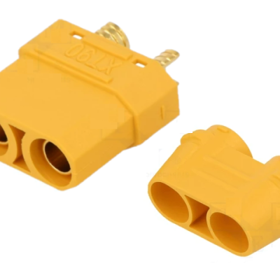 Conectores elétricos amarelos com dois orifícios e pinos metálicos