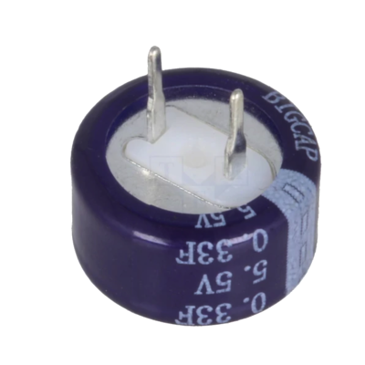 Condensador eletrolítico roxo com terminais metálicos e inscrições brancas