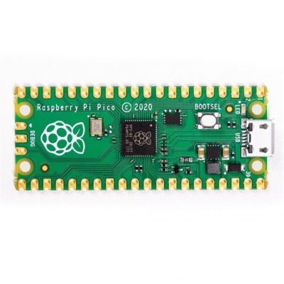 Placa eletrónica Raspberry Pi Pico verde com terminais dourados e micro USB