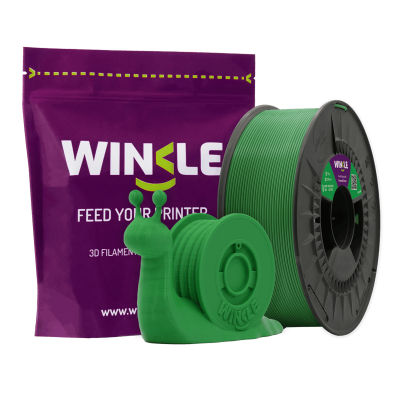 Filamento 3D verde da marca Winkle com embalagem roxa e modelo impresso em forma de caracol.