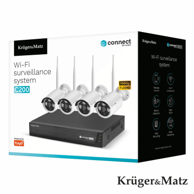 Sistema de vigilância Wi-Fi Krüger&Matz C200 com quatro câmaras e equipamento base.