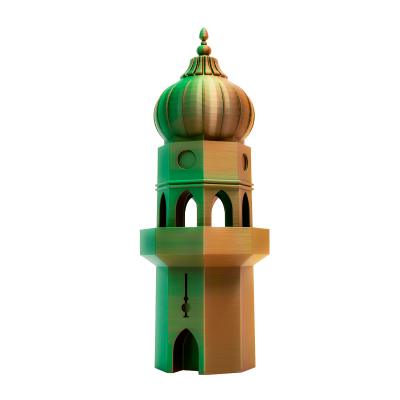 Torre minarete decorativa amarela com pormenores verdes e cúpula em forma de cebola