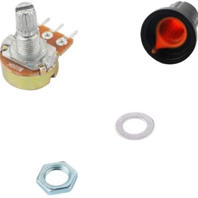 Potenciômetro metálico com porca, arruela e tampa preta de plástico com interior vermelho