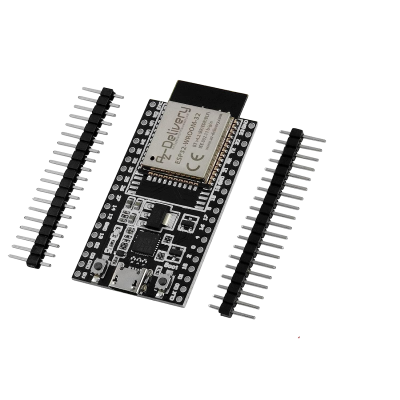 Placa eletrónica com etiqueta e pinos soltos