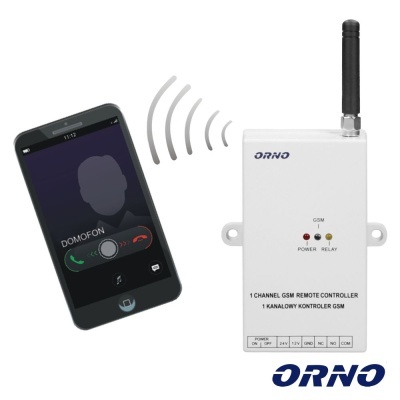 Controlo remoto GSM ORNO branco com antena e LEDs, ao lado de smartphone com ecrã a mostrar chamada DOMOFON