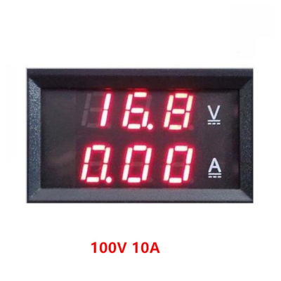 Ecrã digital que mostra voltagem e amperagem com texto 100V 10A