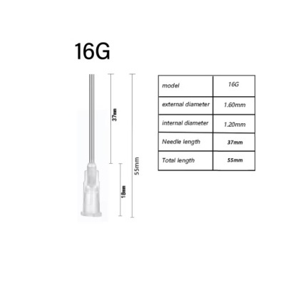 Agulha médica modelo 16G com especificações de medidas