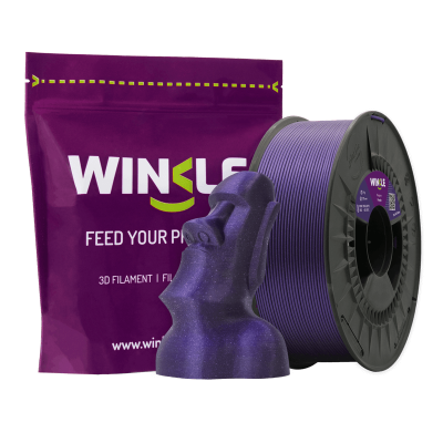Filamento 3D roxo Winkle com modelo impresso e embalagem