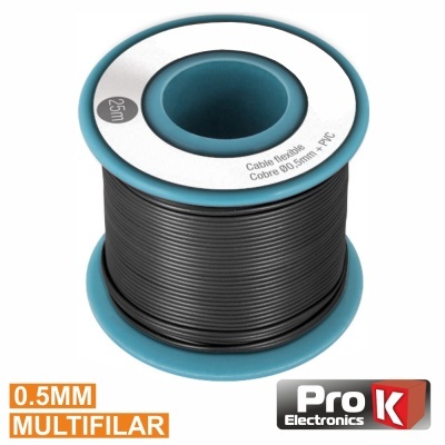 Carretel de cabo flexível preto 0.5 mm multifilar com 25 metros e etiquetas da Pro K Electronics