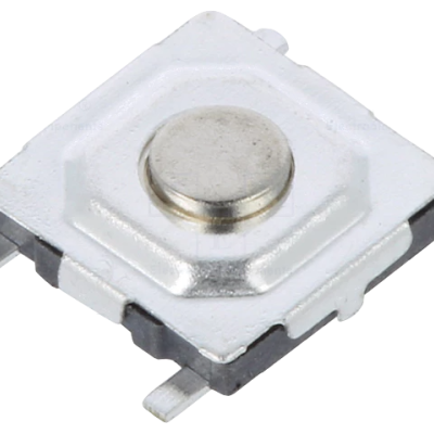 Microinterruptor tátil quadrado pequeno com estrutura metálica e botão circular