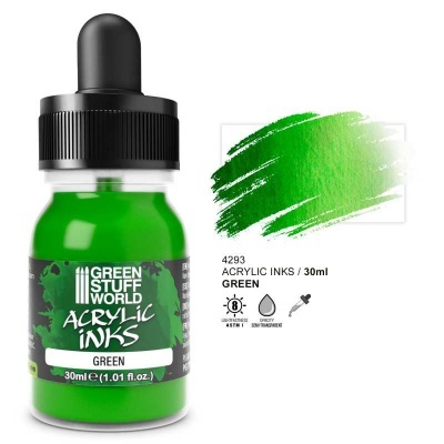 Frasco de tinta acrílica verde 30ml com conta-gotas e rótulo da marca GREEN STUFF WORLD
