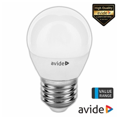 Lâmpada LED branca com base metálica prateada e marcas de identificação da marca Avide e garantia.