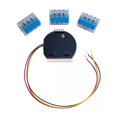 Módulo eletrônico preto com fios coloridos e três conectores azuis transparentes