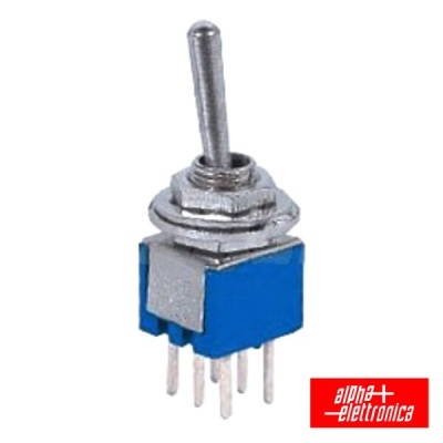 Interruptor toggle metálico azul com múltiplas hastes no fundo branco com logo Alpha Elettronica