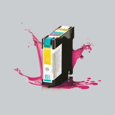 cartucho de tinta para impressora com tinta rosa a espirrar no fundo cinzento