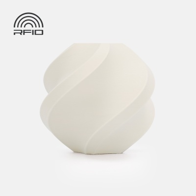 Frasco branco texturizado com símbolo RFID preto em fundo cinza claro
