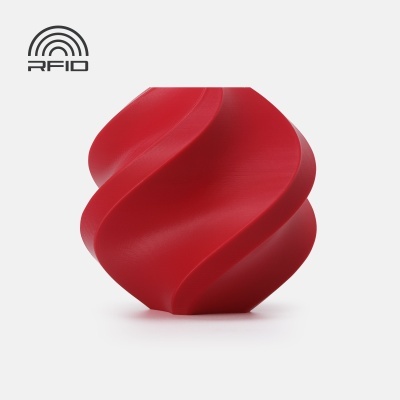 Objeto decorativo vermelho espiralado com símbolo RFID