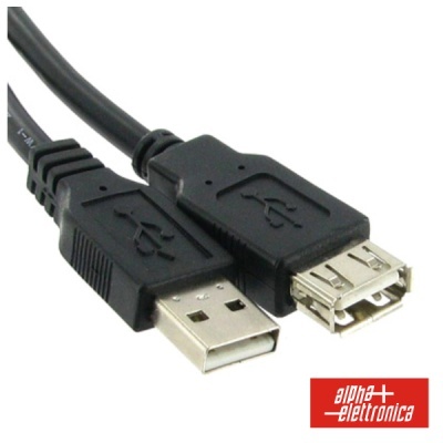 Cabo USB tipo A macho e fêmea preto com logótipo Alpha Elettronica