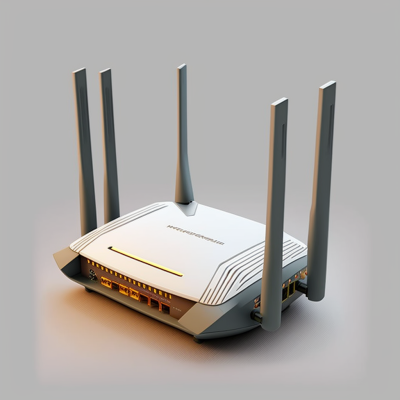 Roteador wireless branco com cinco antenas cinza em fundo cinza