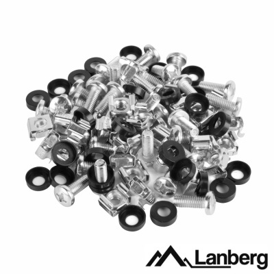 Parafusos de metal com arruelas pretas sobre fundo branco e logótipo Lanberg