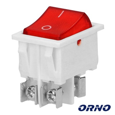Interruptor basculante vermelho e branco com símbolos I e O e logo ORNO