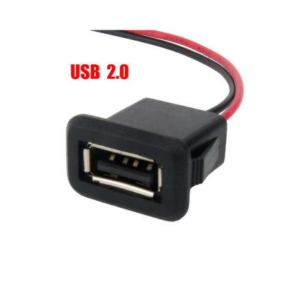 Conector USB 2.0 feminino preto com fios vermelho e preto